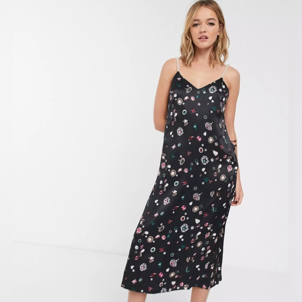 & Other Stories jewel print pearl strap cami dress in black
